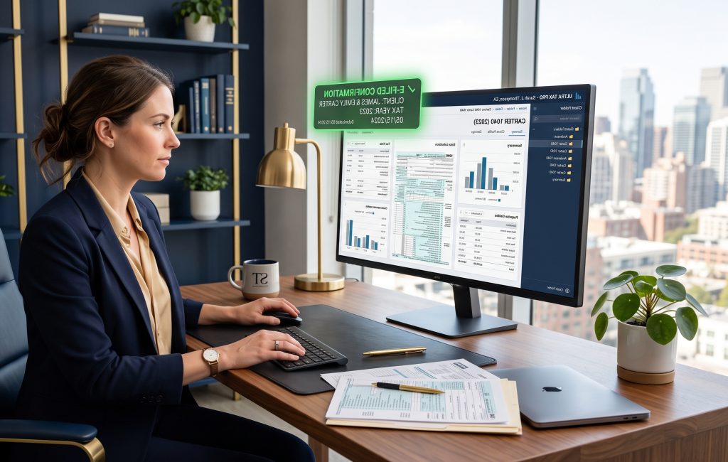 TaxAct Professional software dashboard showing client returns and e-filing status for CPAs and enrolled agents